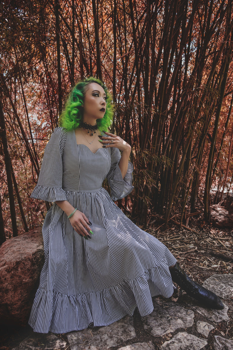 gothic vintage and Victorian inspired black and white striped dress